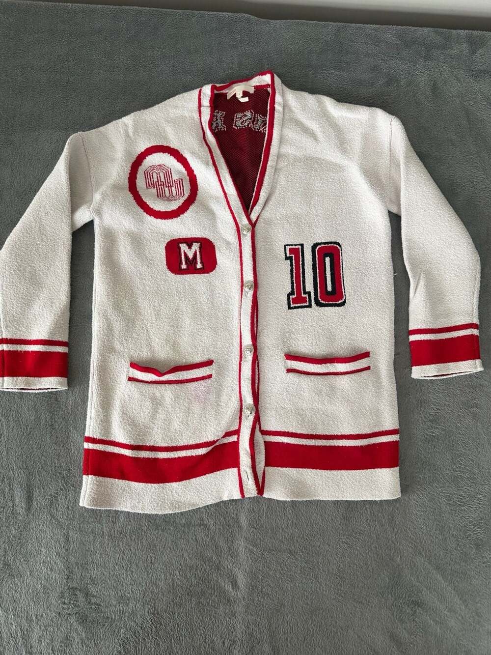 Maje Palais Royal Varsity Letterman Cardigan Sweater White Red Women’s Size 3